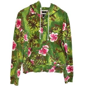 lucky brand XL tropical beach Hawaii flower zip up hoodie sweatshirt jacket boho